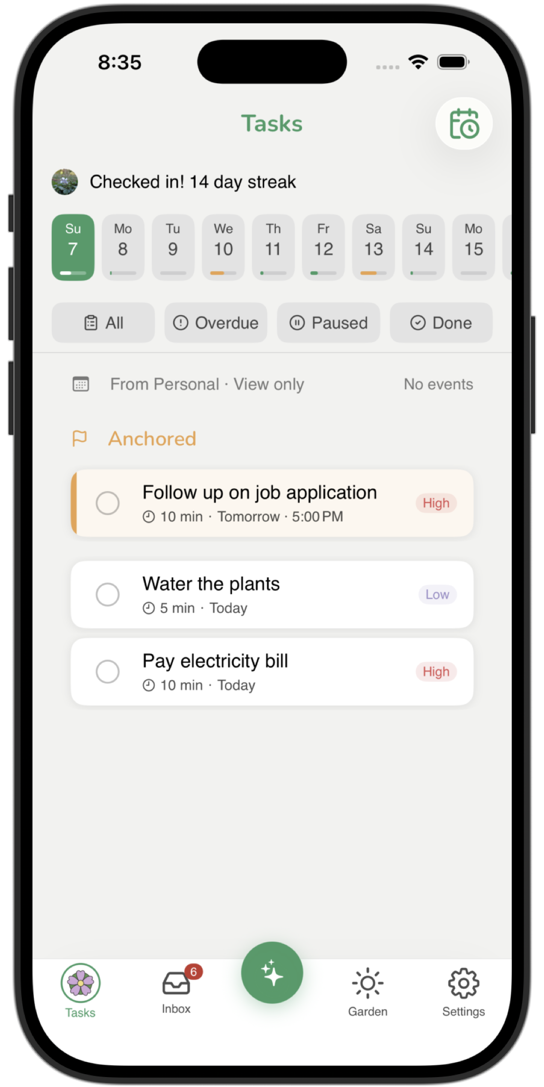 Anchor — pin your most important task to the top