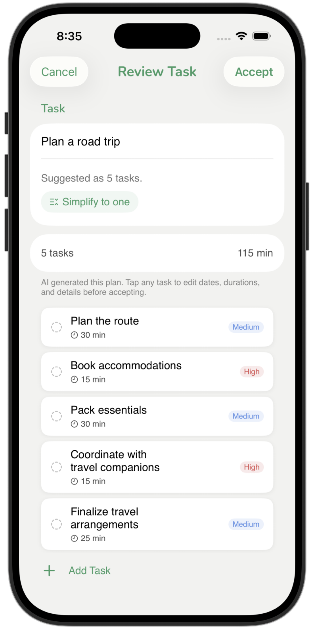 Plan with AI — ReSpring breaks a goal into steps with time estimates
