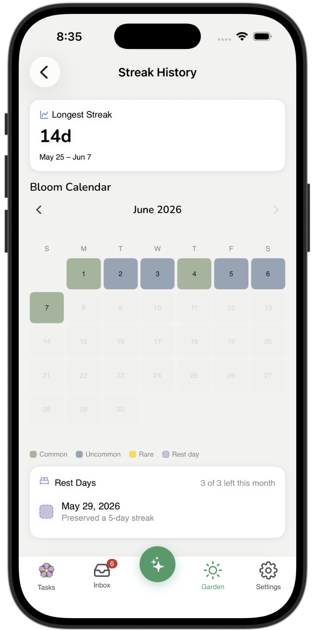 Streaks — build a daily check-in habit with built-in rest days